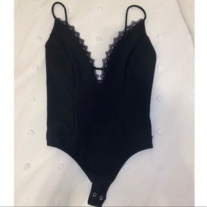 Express Ribbed Lace Trim Plunge Thong Bodysuit
